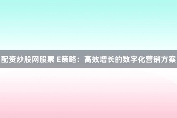 配资炒股网股票 E策略：高效增长的数字化营销方案